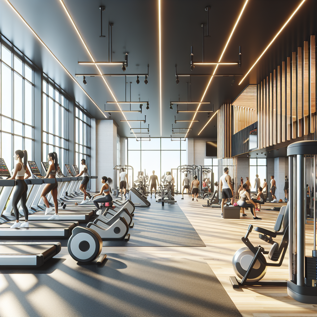 A modern gym with advanced workout equipment and people engaging in various fitness activities.