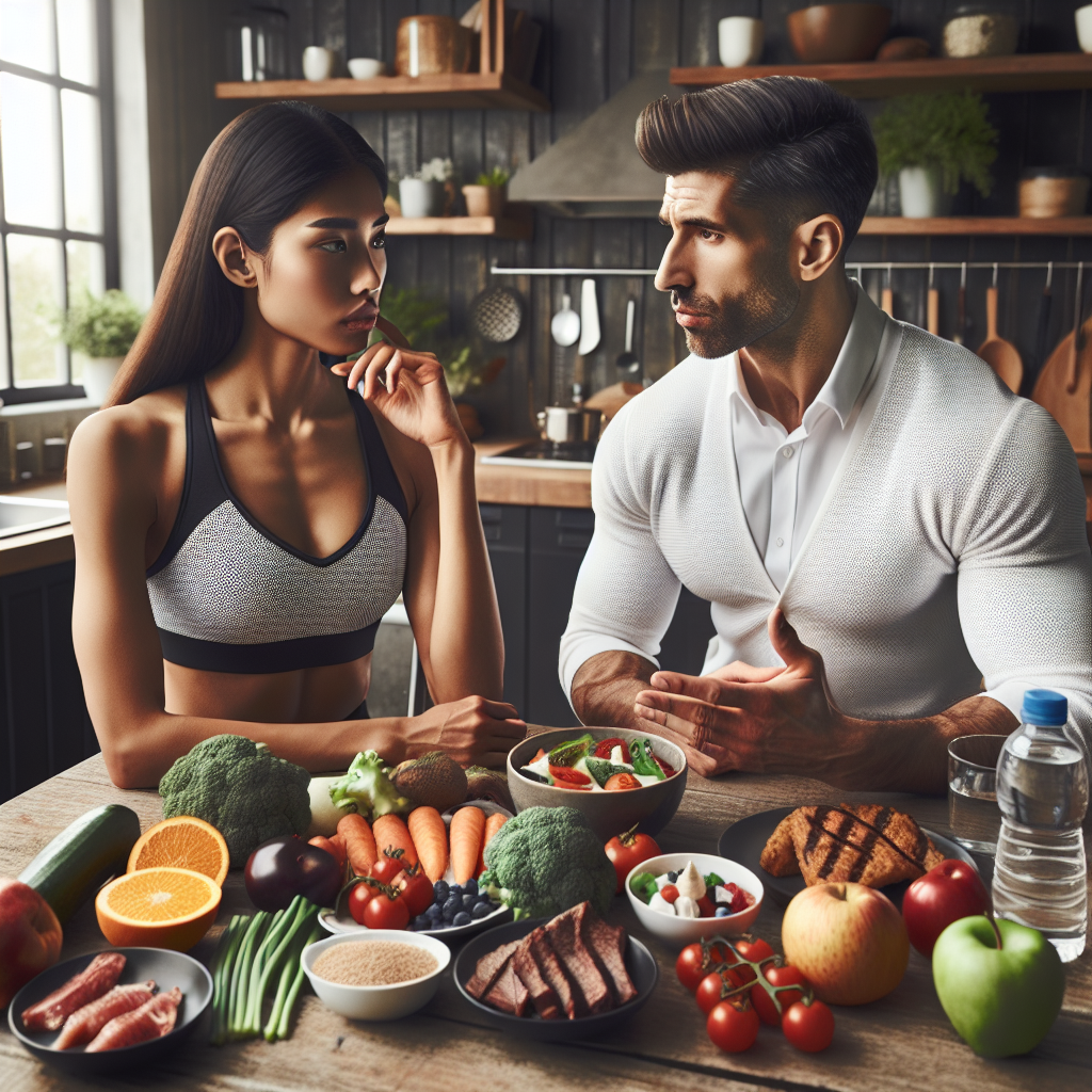 An athlete and a nutrition coach discussing a meal plan with a variety of healthy foods on a table in a modern kitchen.