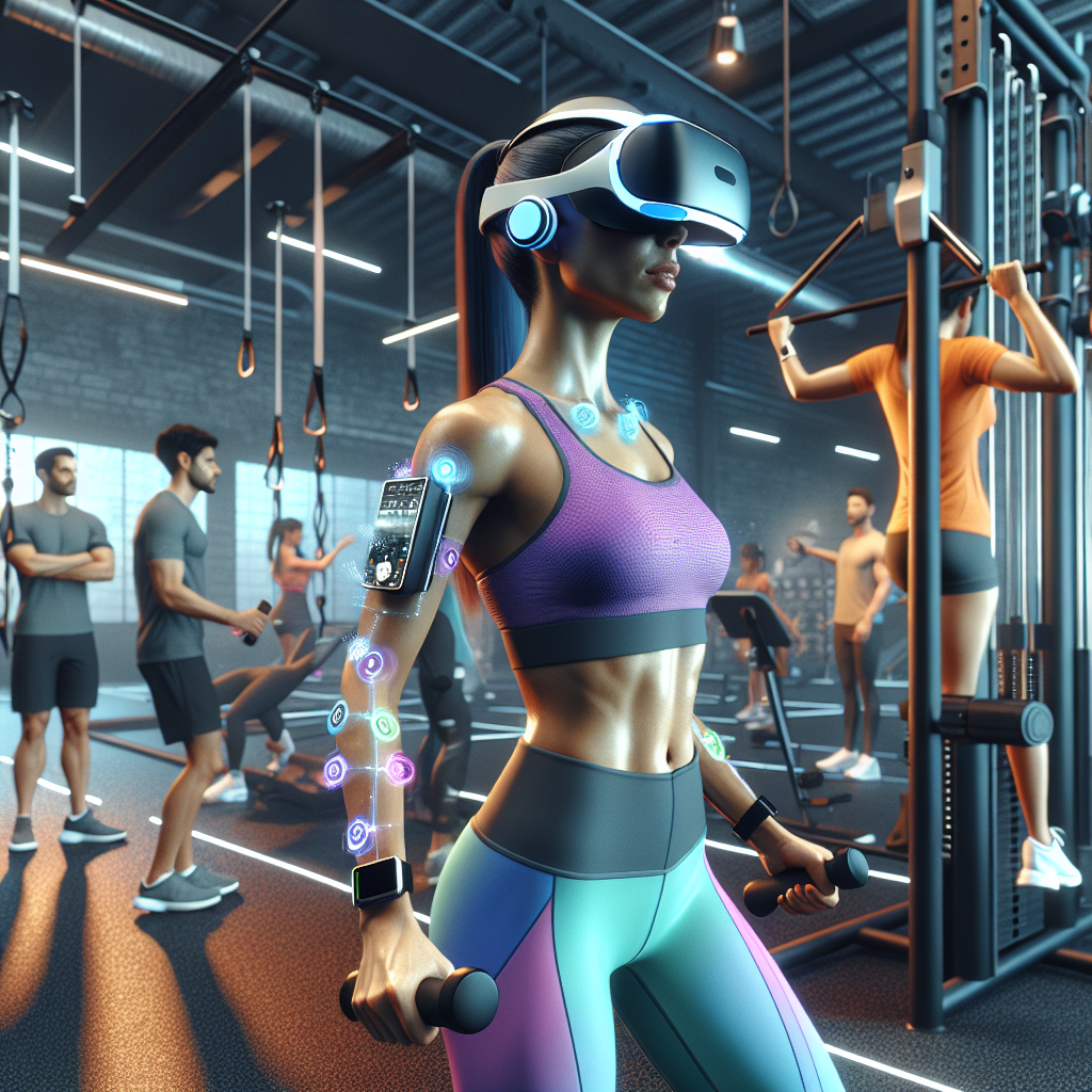 Modern gym scene with high-tech fitness equipment and individuals engaging in innovative workouts.