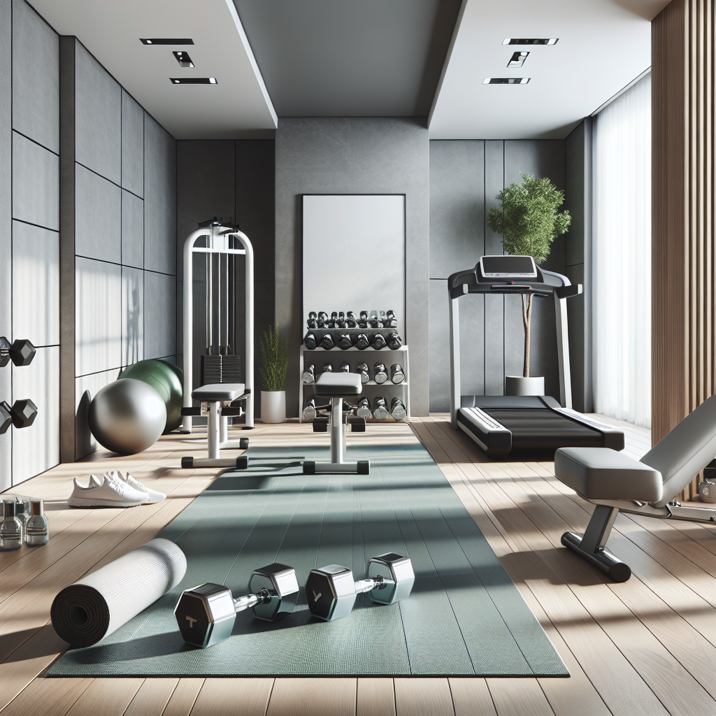 A modern home gym setup with various essential gym equipment.