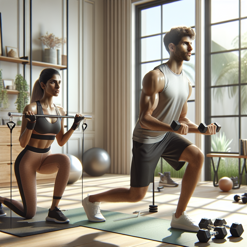 A young woman and man working out in a home gym with various fitness equipment.