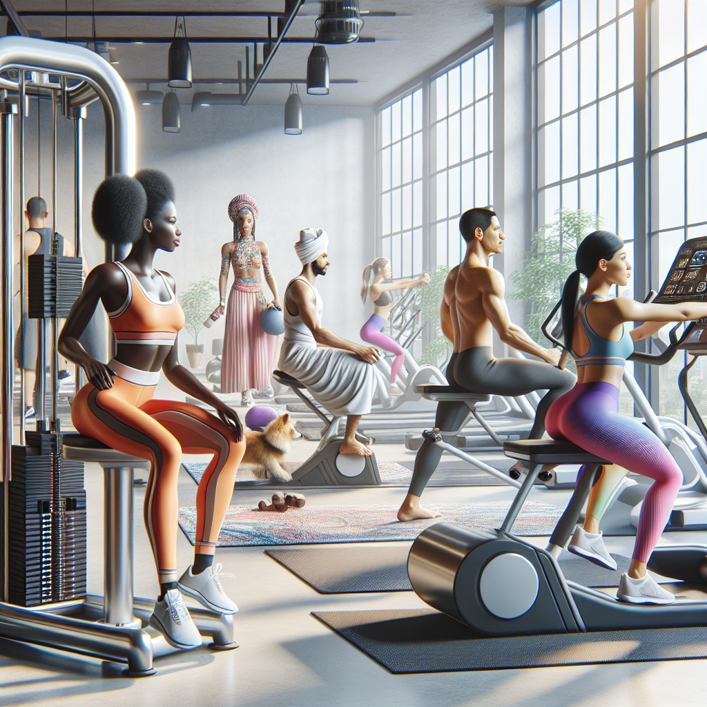 People engaging in various modern fitness activities in a contemporary gym.