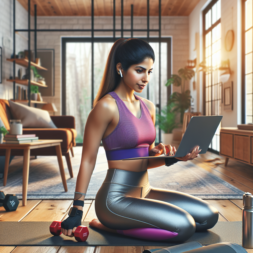 A person using an online workout plan at home, surrounded by fitness equipment.