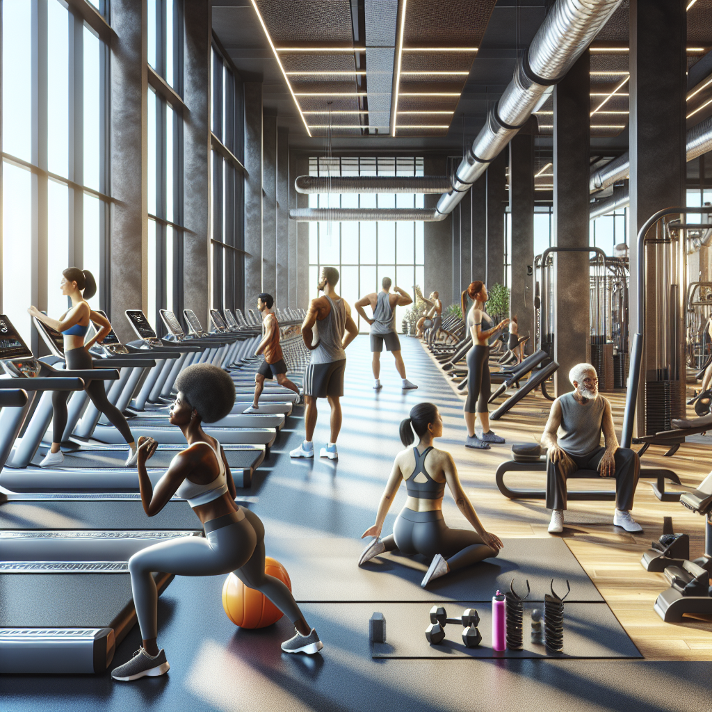 Modern gym showcasing the latest fitness trends with advanced equipment and diverse people working out.