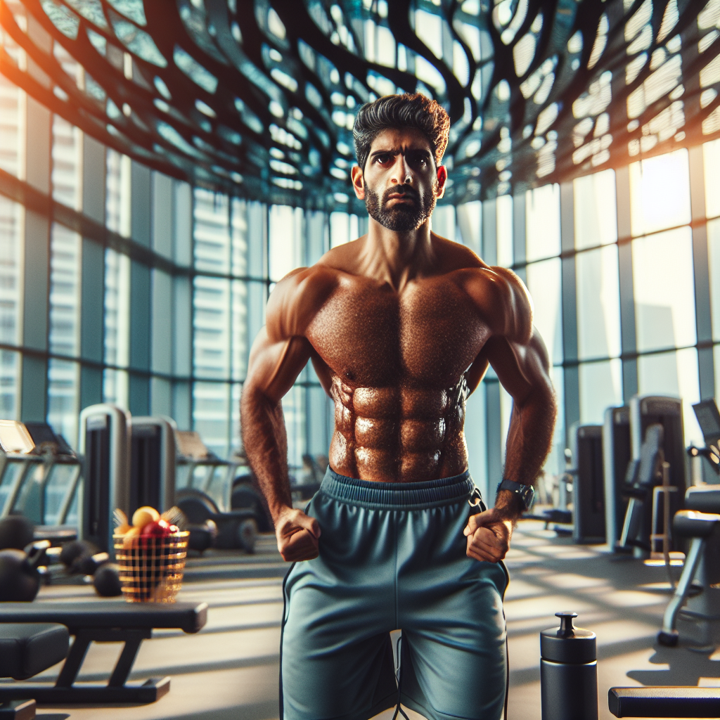 A fit individual exercising in a modern gym, showcasing a body transformation journey.