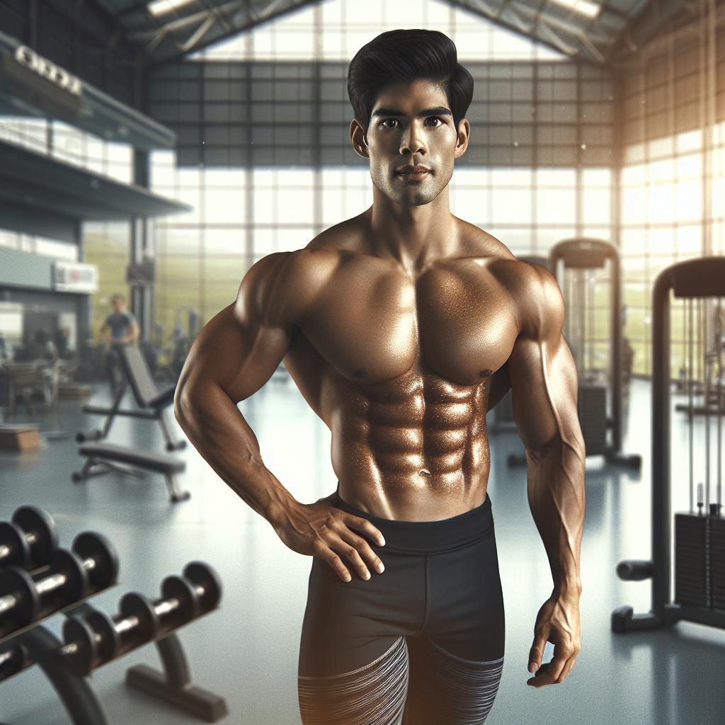 A person in gym wear standing confidently in a well-equipped gym, showcasing a toned physique and a look of determination.