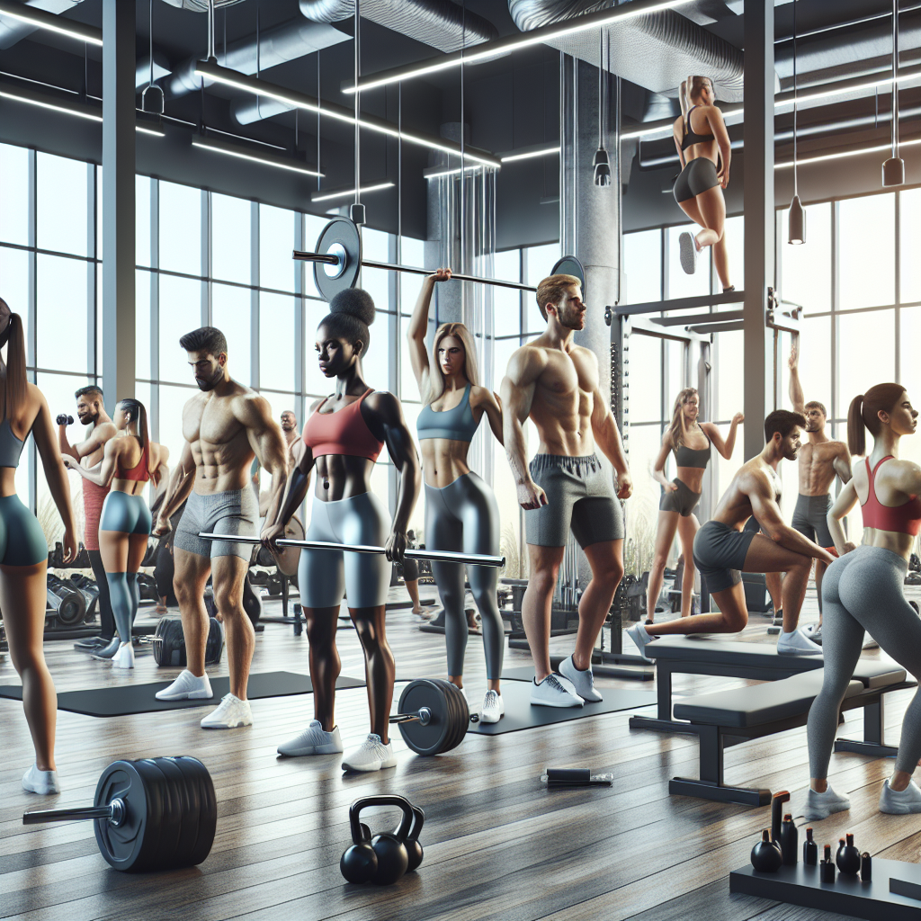 Diverse group of people working out in a modern gym, showcasing body transformation activities.