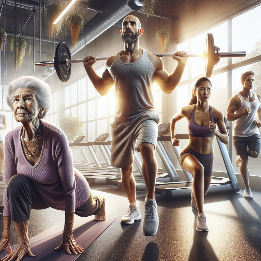 Diverse group of fitness enthusiasts working out in a modern gym.