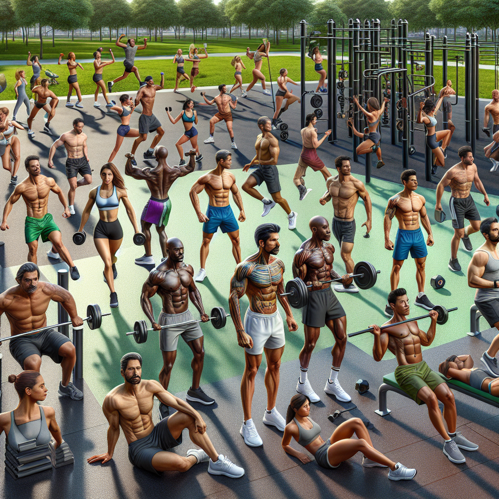 A group of fitness enthusiasts exercising in an outdoor gym, surrounded by green park scenery and modern equipment.