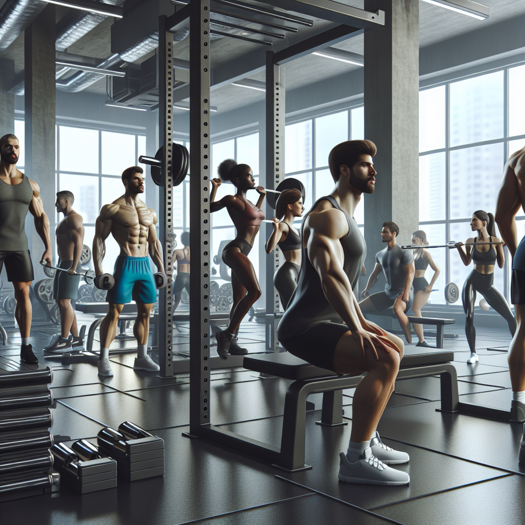 Various individuals performing strength training exercises in a modern gym setting.