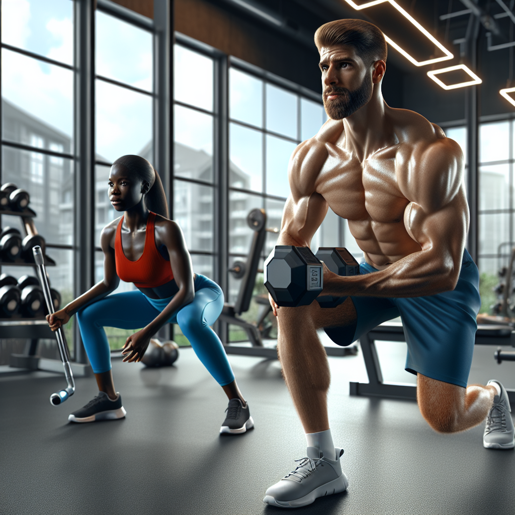 A realistic depiction of a muscular man and woman working out in a modern gym.