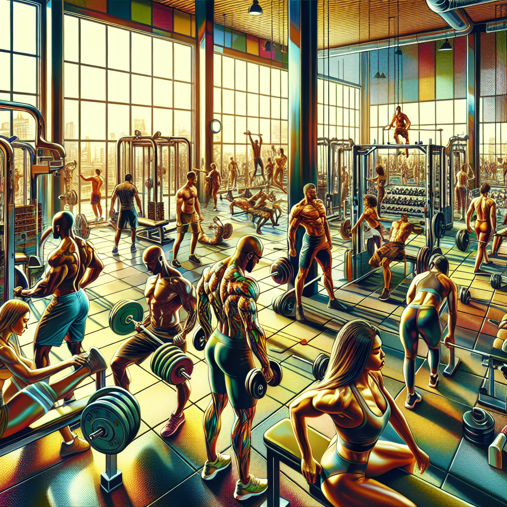 A realistic gym scene with people engaged in muscle-building workouts using various equipment.