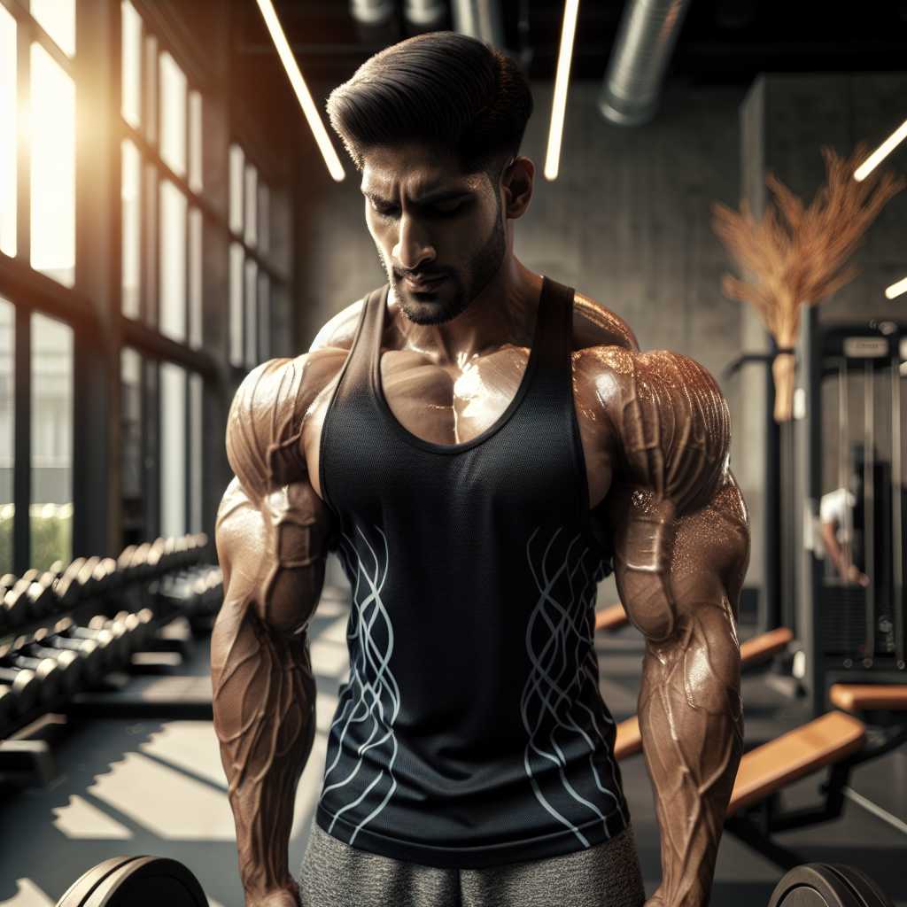 A muscular bodybuilder lifting heavy weights in a modern gym with various workout equipment and mirrors.