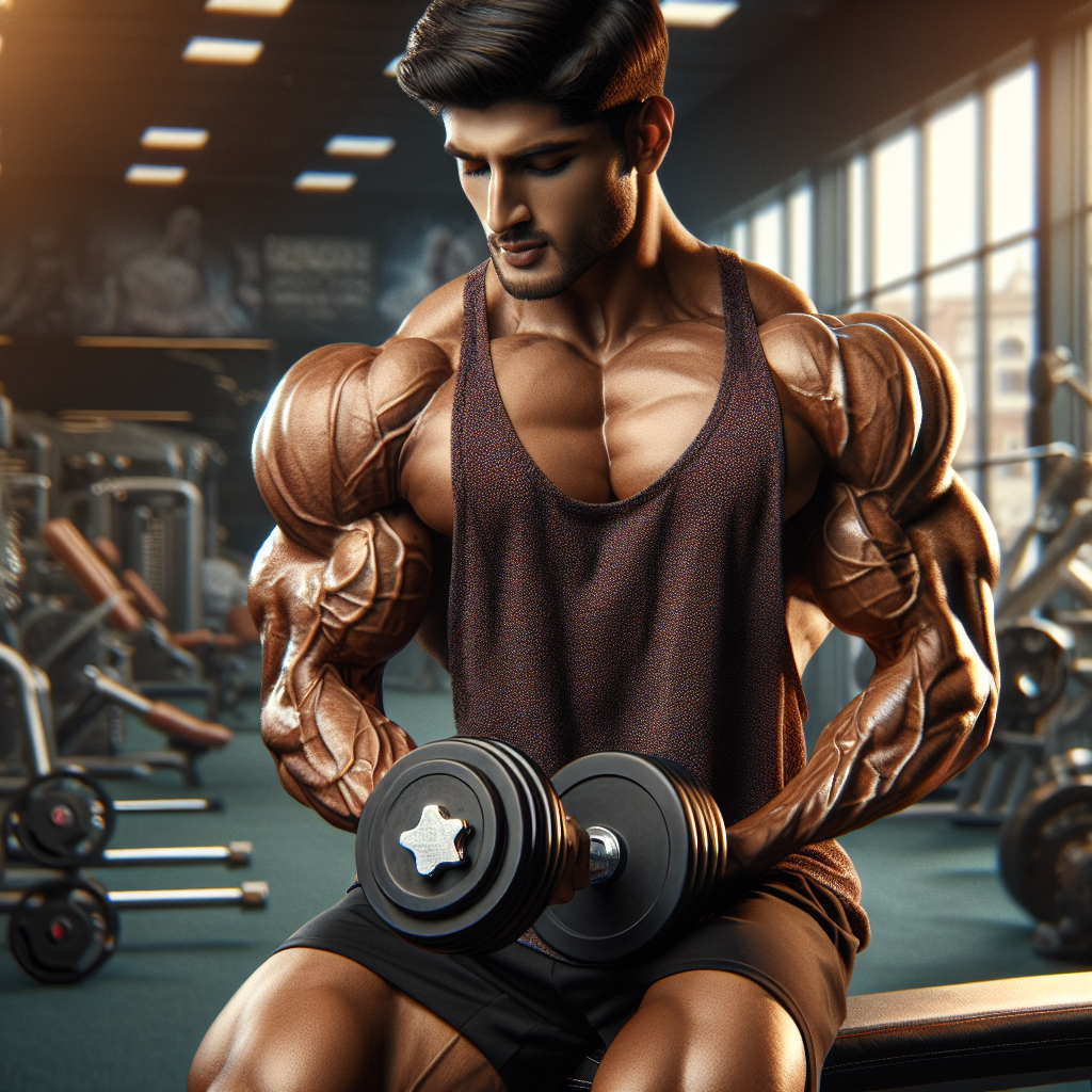 A bodybuilder working out in a gym, showcasing muscular definition while performing bicep curls.