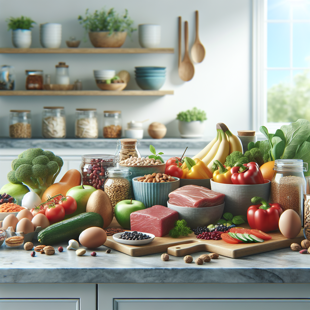 A realistic image of a kitchen counter with a variety of healthy foods representing fitness nutrition.