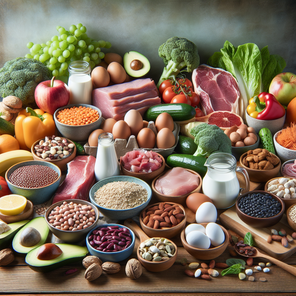 A variety of nutritious foods including proteins, carbs, and healthy fats laid out on a wooden kitchen table.