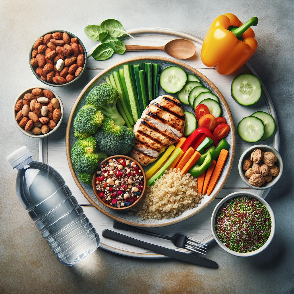 A realistic image of a balanced meal with grilled chicken, quinoa, vegetables, water bottle, and mixed nuts, illustrating fitness nutrition.