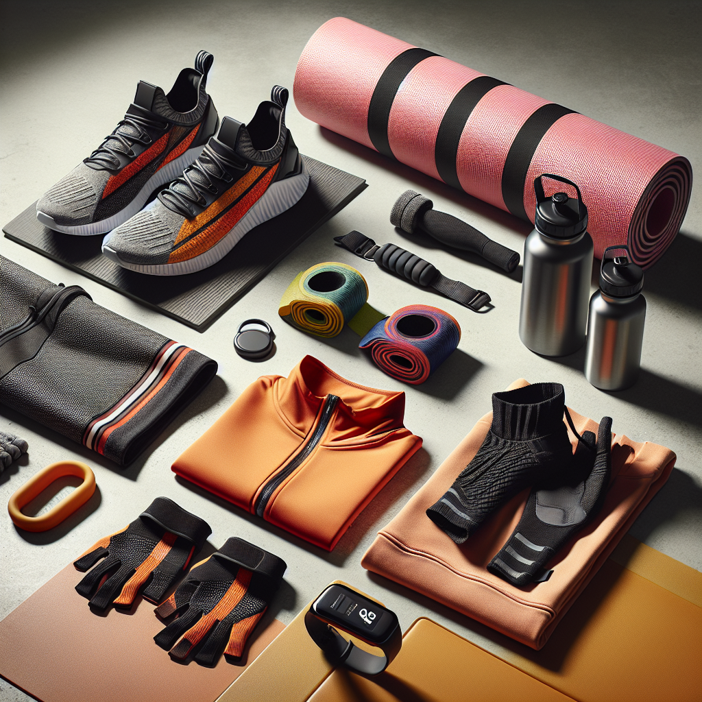 A comprehensive array of essential workout gear including clothing, shoes, yoga mat, resistance bands, water bottle, and fitness tracker.