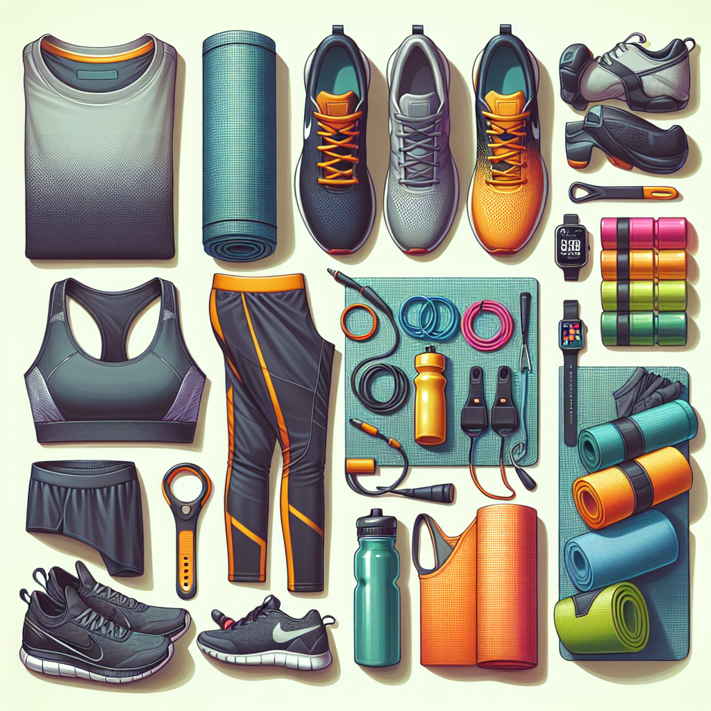 Essential workout gear including clothing, shoes, accessories, a yoga mat, resistance bands, a water bottle, and a fitness tracker.