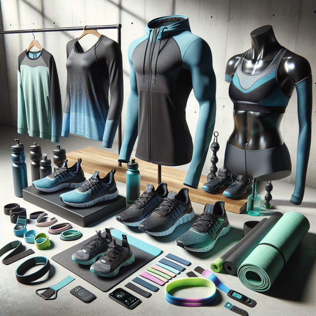 An assortment of essential workout gear including clothes, shoes, yoga mat, resistance bands, water bottle, sweatbands, workout gloves, and fitness tracker.