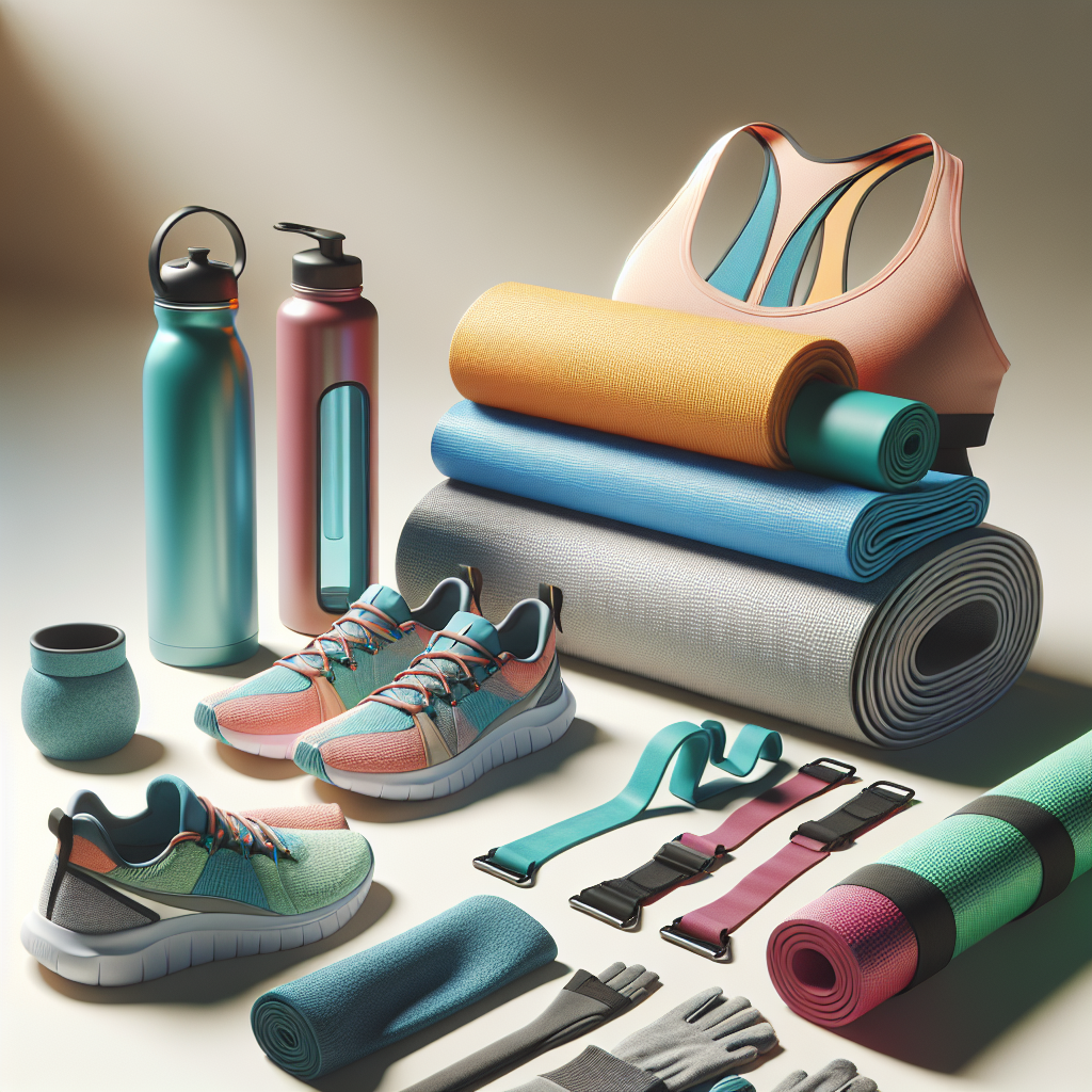 Realistic depiction of essential workout gear including clothing, shoes, a yoga mat, resistance bands, water bottle, sweatbands, and workout gloves.