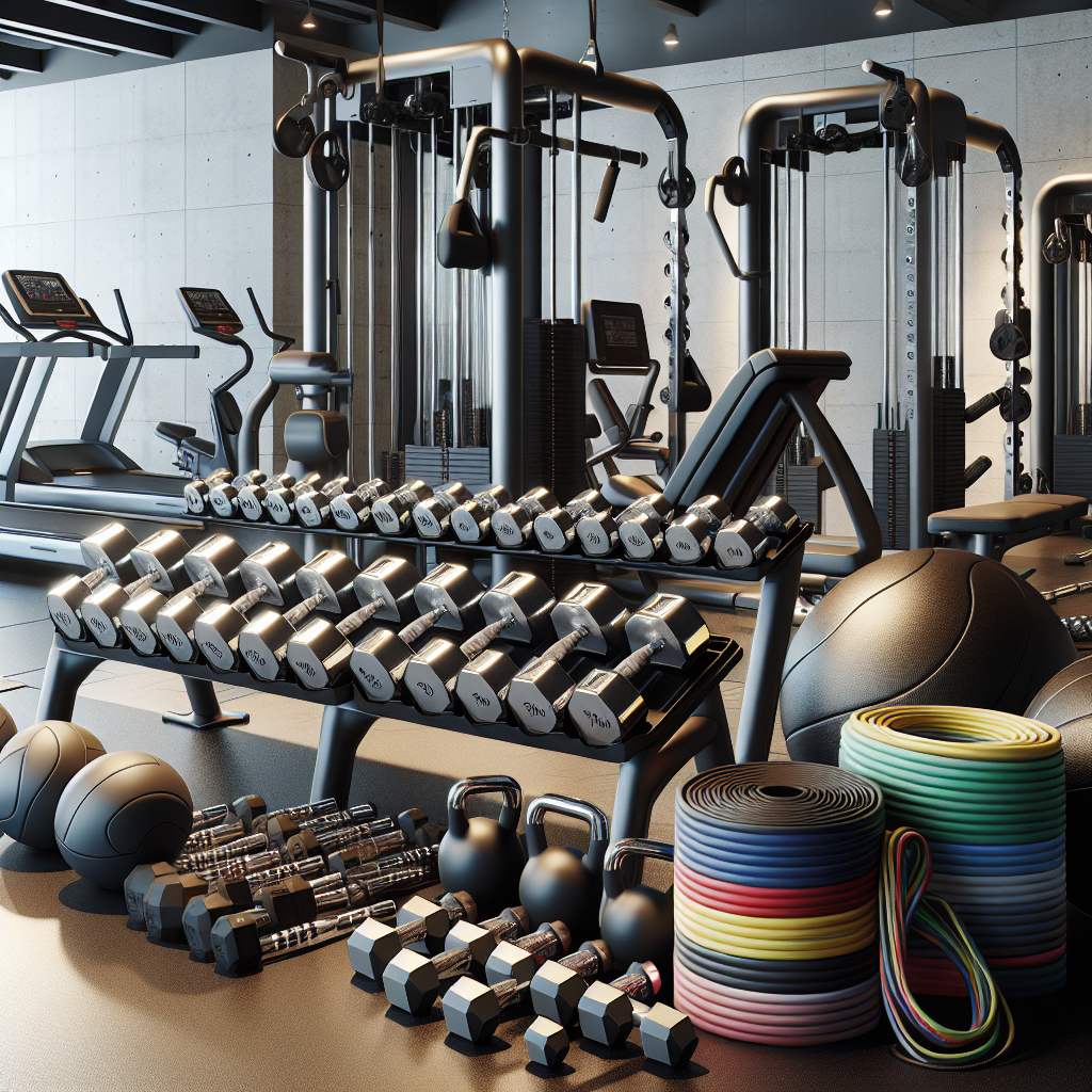 Various fitness tools including free weights, resistance bands, and advanced machines in a modern gym.