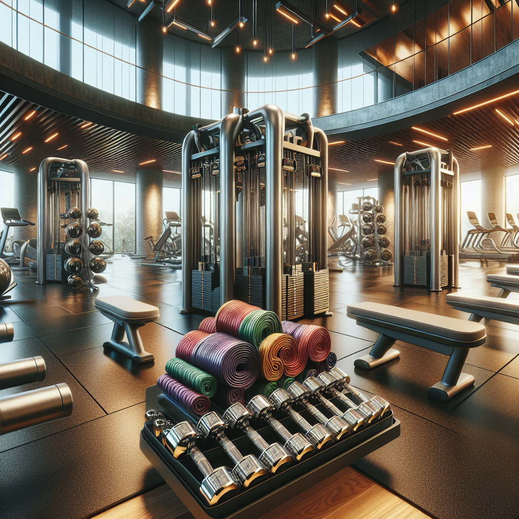 Realistic image of various fitness tools in a gym.