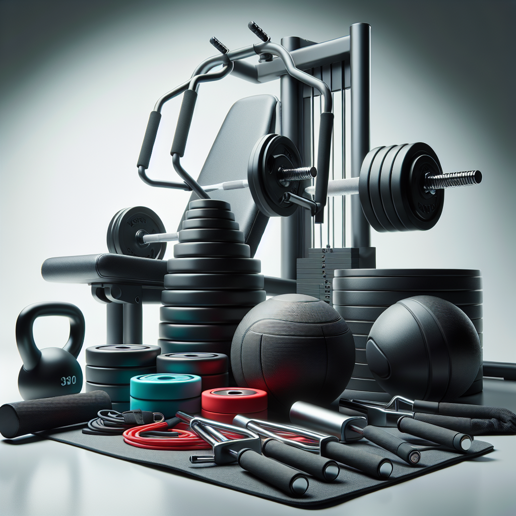 A realistic depiction of various fitness tools including free weights, resistance bands, and an advanced exercise machine in a gym setting.