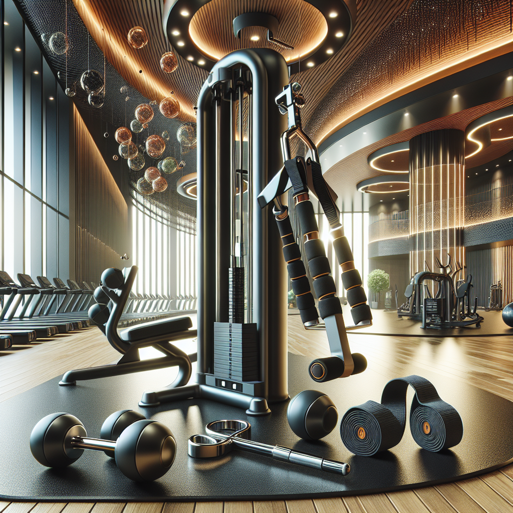 Various fitness tools including dumbbells, resistance bands, and a multi-functional machine in a modern gym.