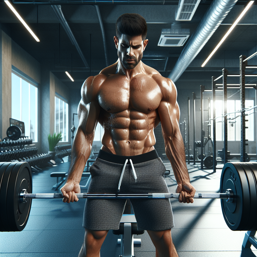 A muscular athlete performing a powerlifting exercise in a modern gym, displaying power and determination.