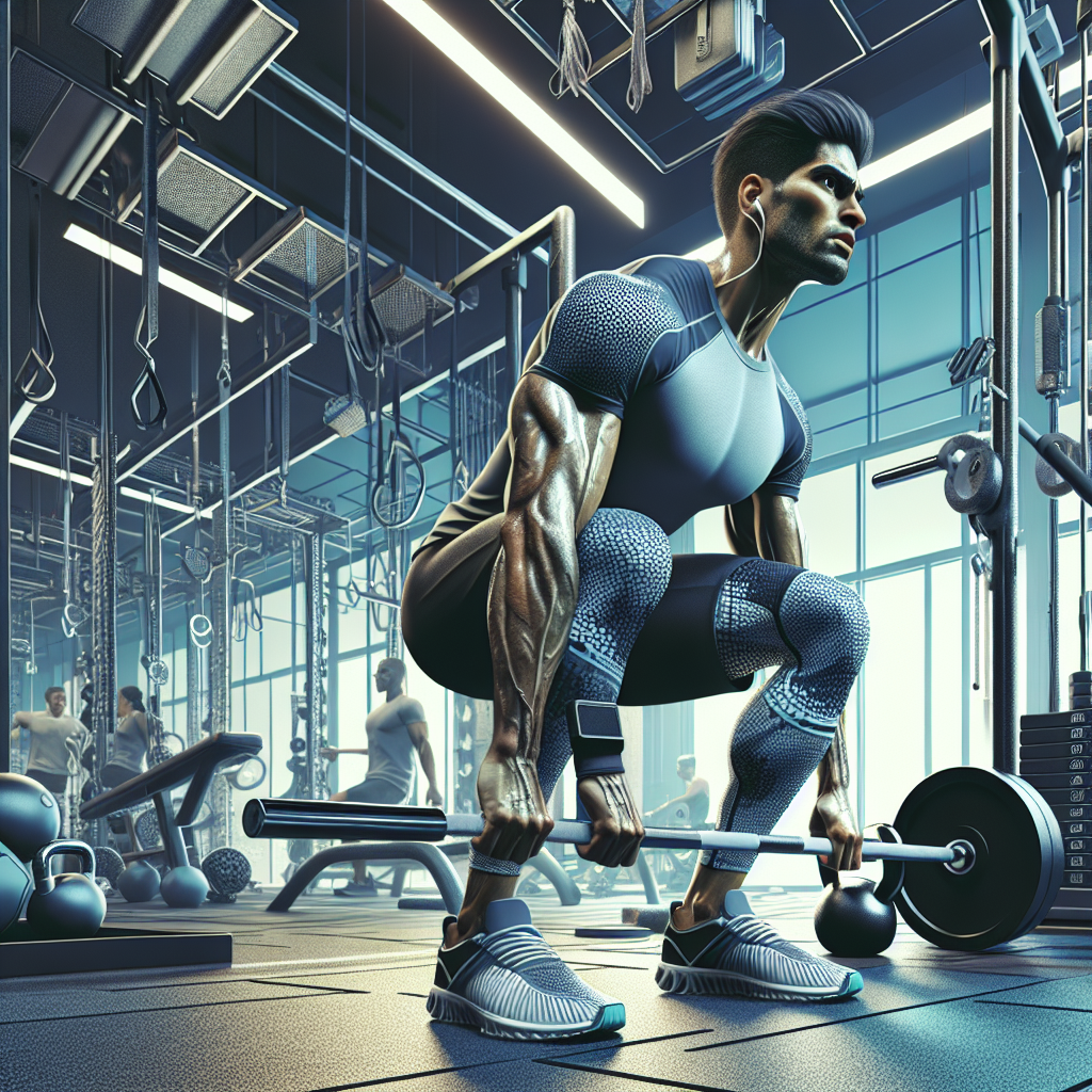 A realistic depiction of an intense workout session in a modern gym, highlighting the exertion and effort of an athlete.