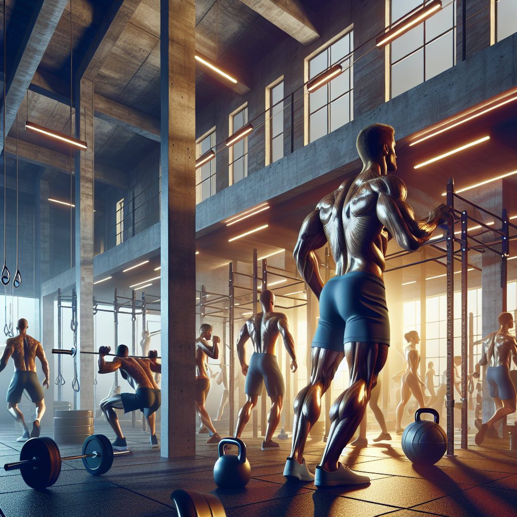 High-intensity workout session in a modern gym highlighting power and muscle exertion.