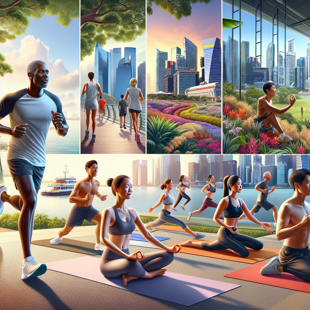 People exercising in various spots in Singapore including Marina Bay Promenade, Botanic Gardens, and a gym in a skyscraper.