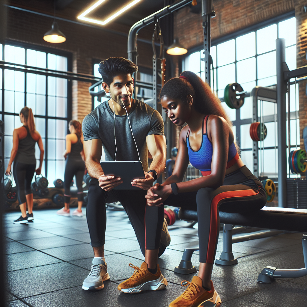 A realistic fitness appraisal session with an instructor and a client in a modern gym.