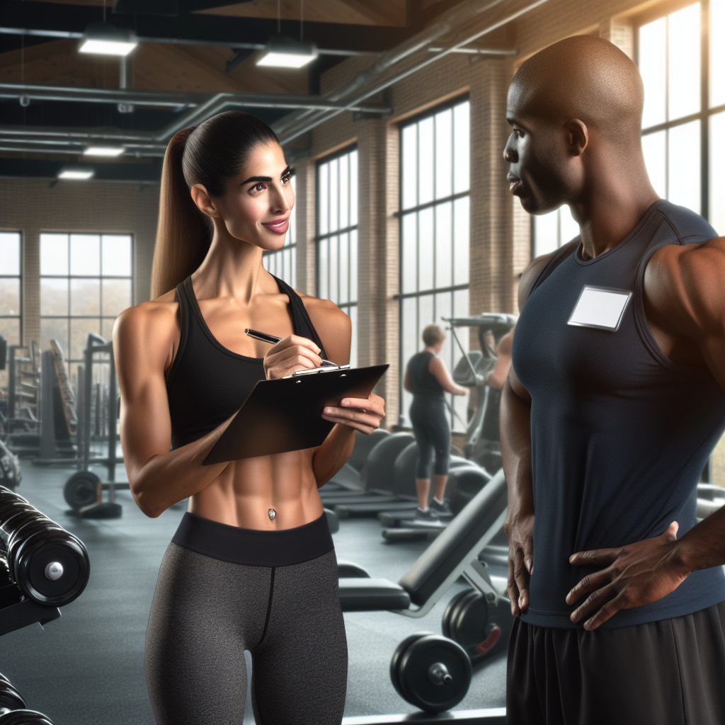 A realistic fitness appraisal introduction scene in a modern gym with a trainer and a client.