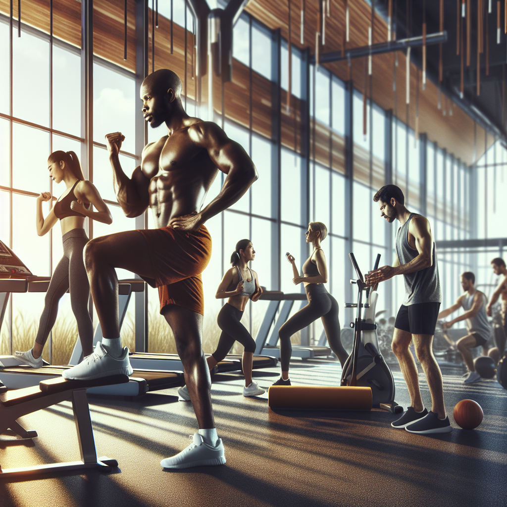 A realistic gym environment with people engaged in fitness activities.