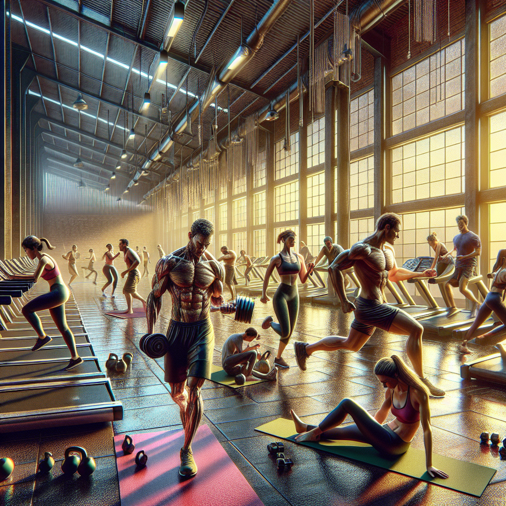 A detailed and realistic scene of people actively participating in a fitness session.