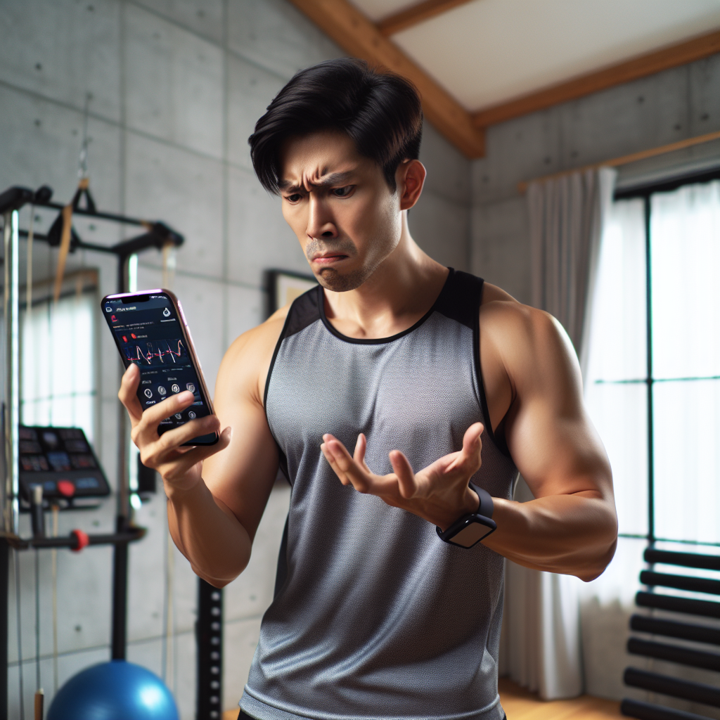 A user frustrated with a fitness app, in a home workout setting, looking upset while holding a smartphone.