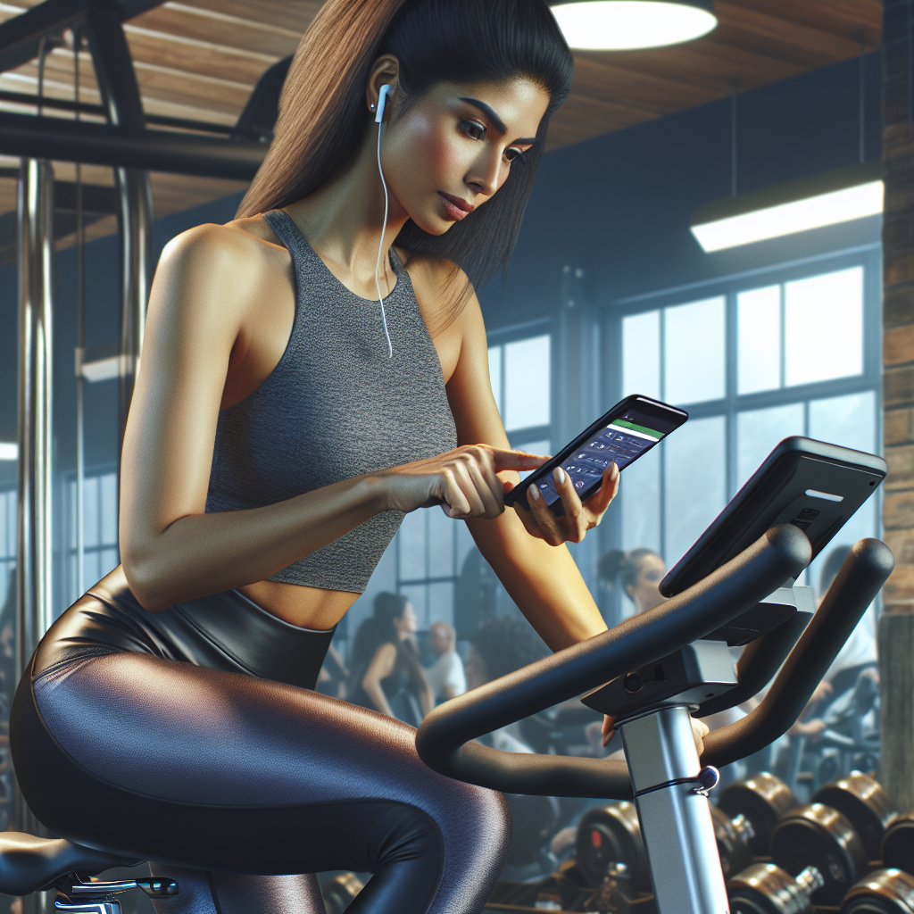 Person using a fitness app on smartphone in a gym.