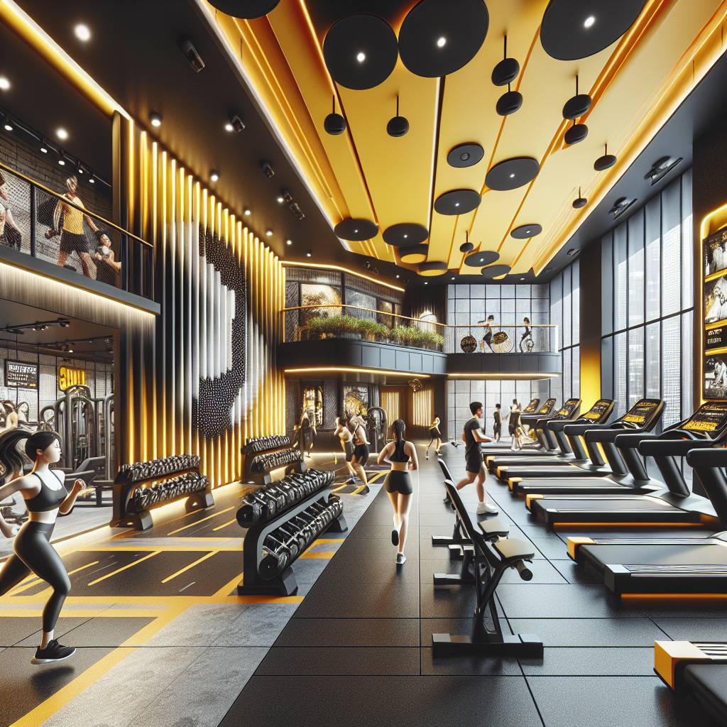 A realistic image of Planet Fitness gym interior with workout equipment and people exercising.