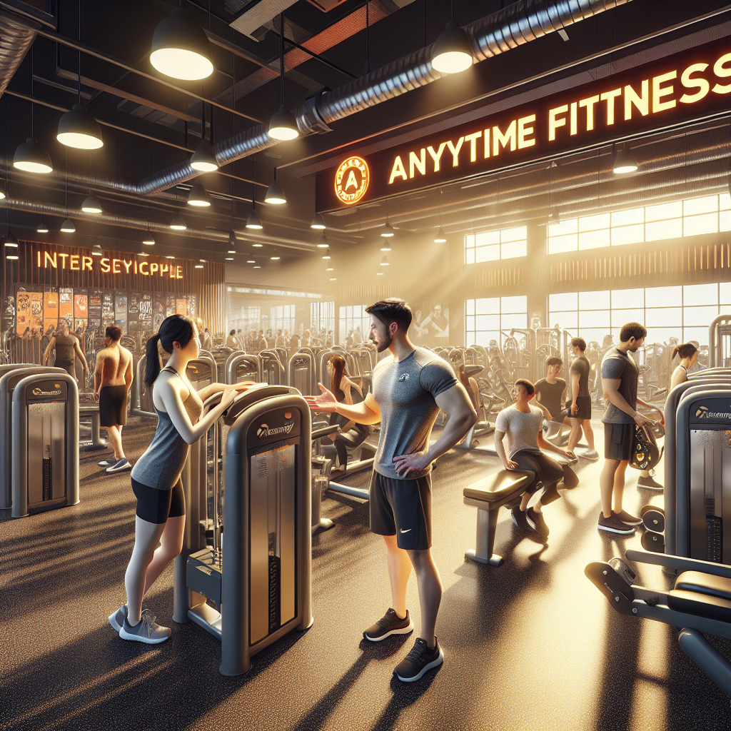A realistic image of an Anytime Fitness gym during staffed hours, showing staff assisting gym members.