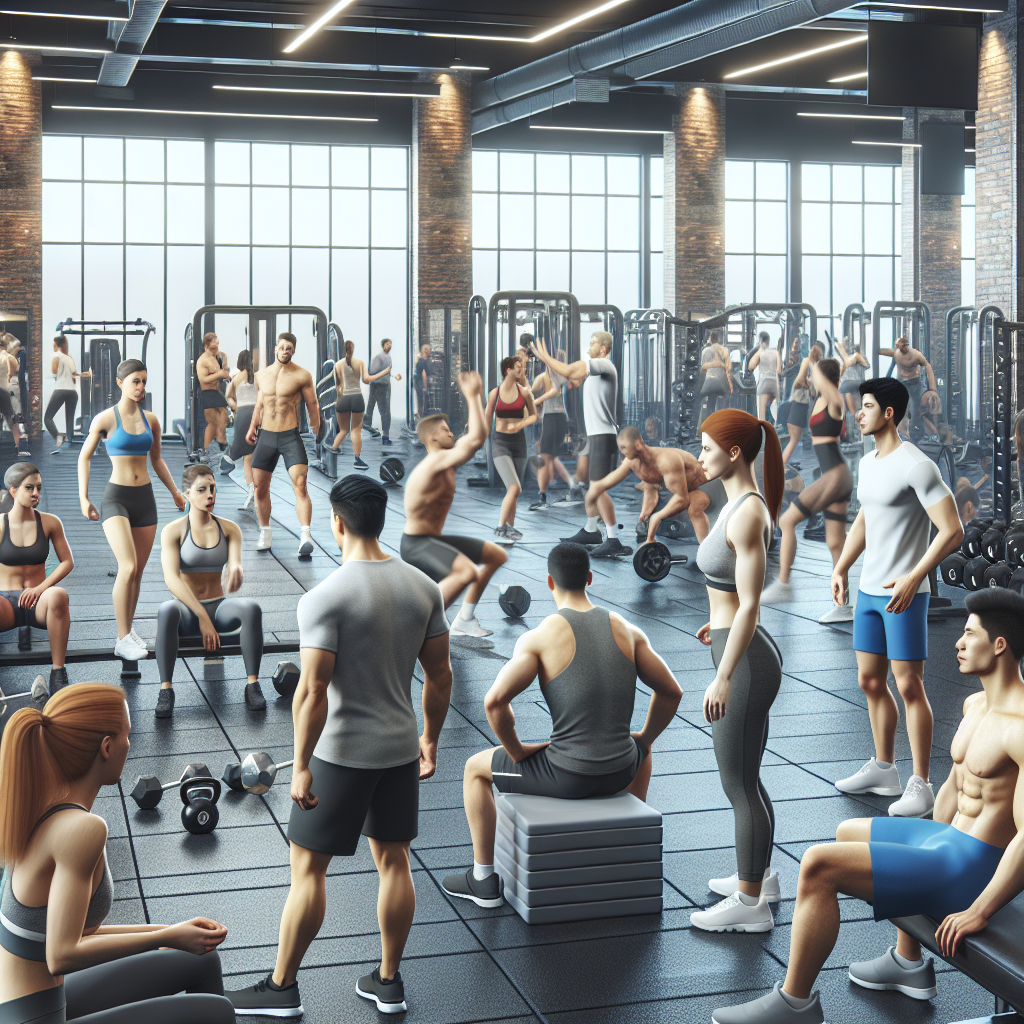 A realistic image of an Anytime Fitness gym with staff and members engaging in fitness activities.