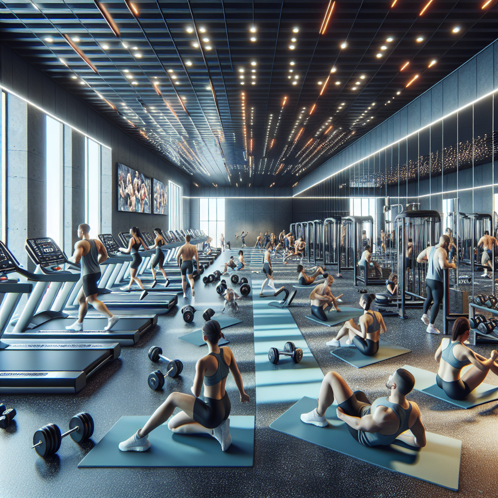 A state-of-the-art fitness center with workout equipment and people exercising.