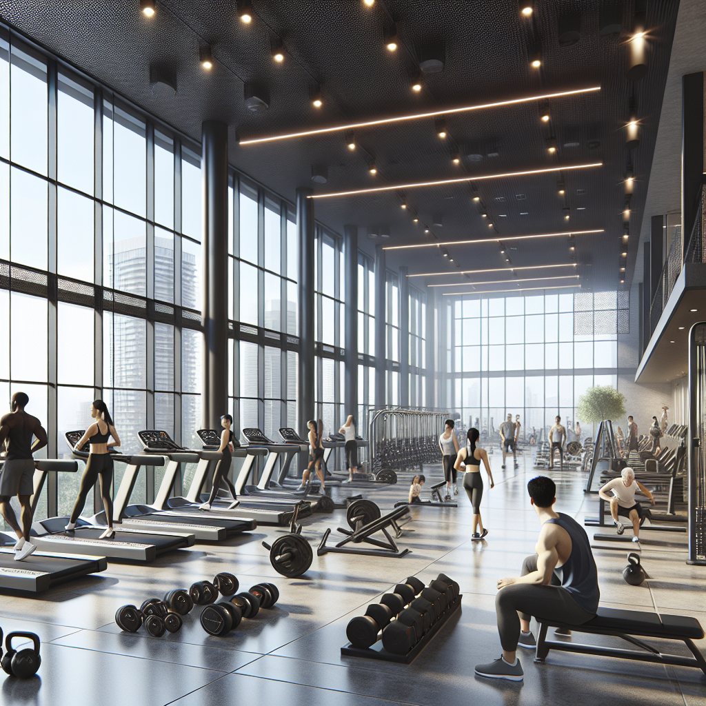 A realistic depiction of a modern fitness center with state-of-the-art equipment and diverse gym-goers.