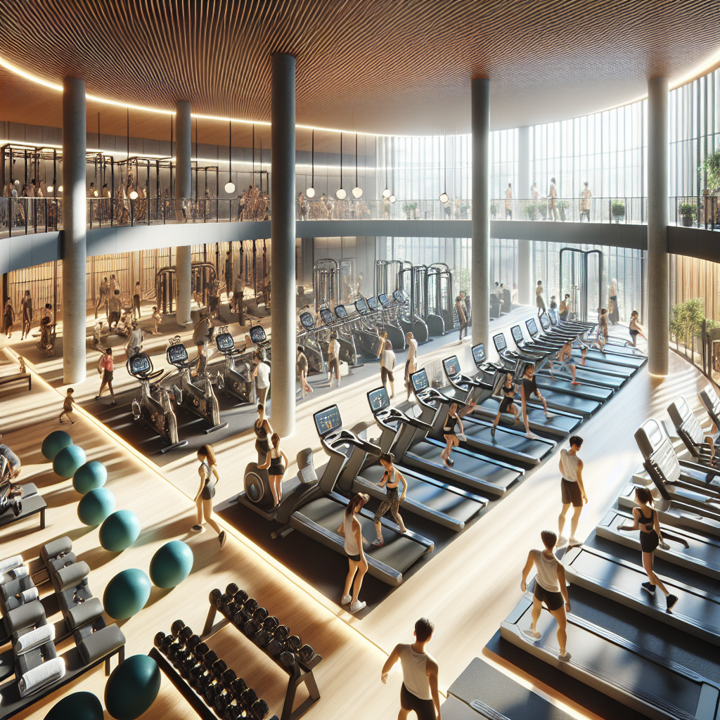 A realistic depiction of a modern fitness center with various equipment and people exercising.