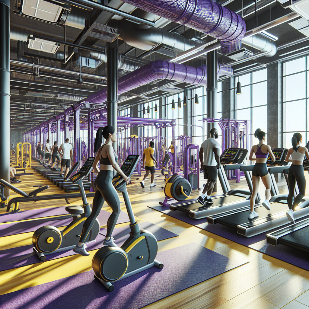 A realistic depiction of the interior of a Planet Fitness gym with exercise machines and people working out.