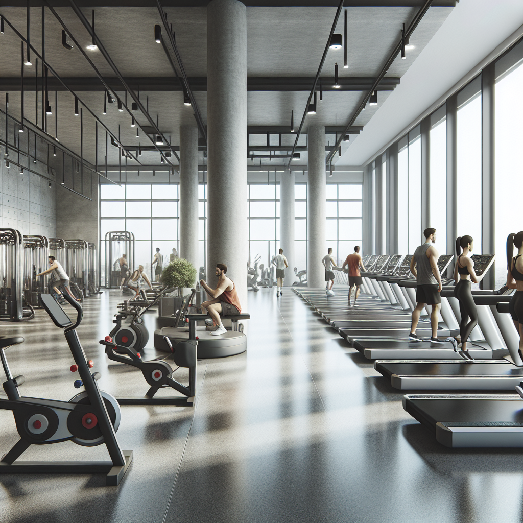 A realistic modern gym interior with exercise equipment and people working out.