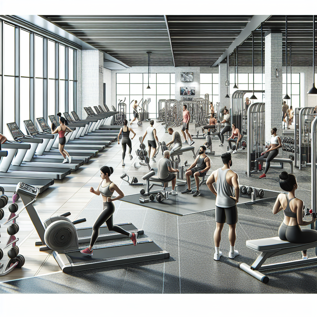 A realistic depiction of an EOS Fitness gym with modern equipment and people exercising.