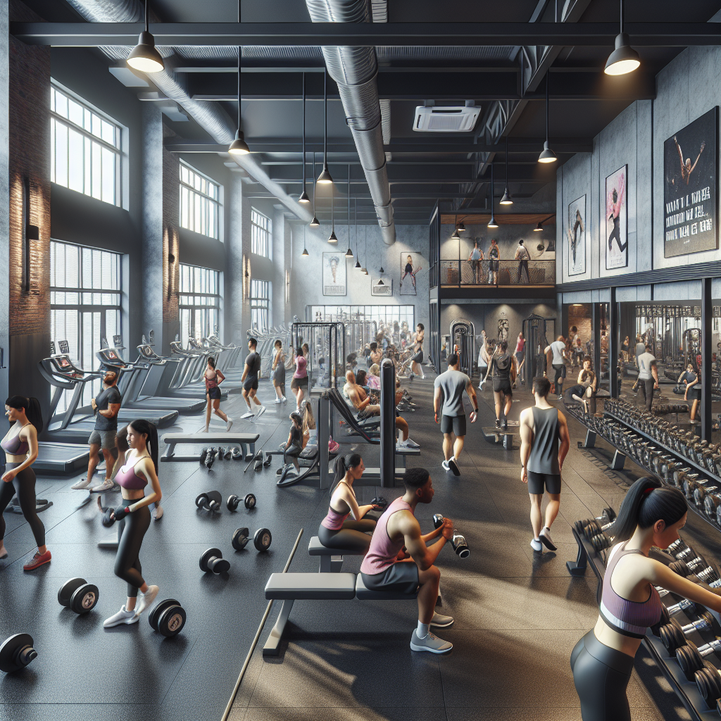 Realistic depiction of a modern gym interior with people working out.