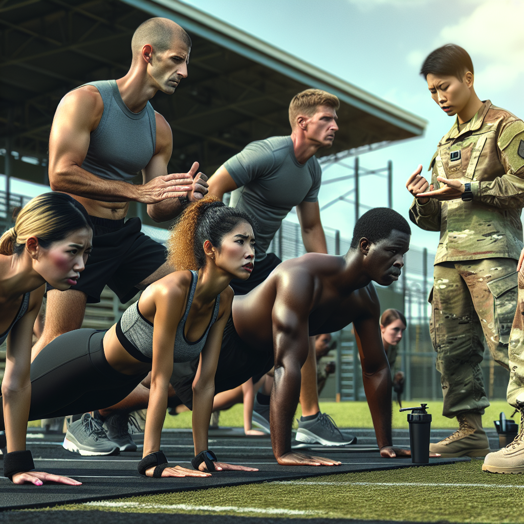 Soldiers engaging in an army physical fitness test, showcasing different exercises and equipment in a realistic training ground setting.